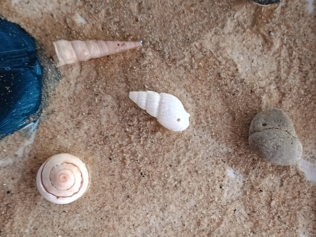 Handmade artwork featuring real sand, shells, and pebbles from Bolonia Beach by Sun Kissed Crafts.